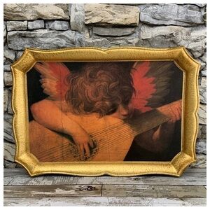 #22 Vtg Musical Angel Mandolin Italy Florentine Portrait Tray Rosso Fiorentino